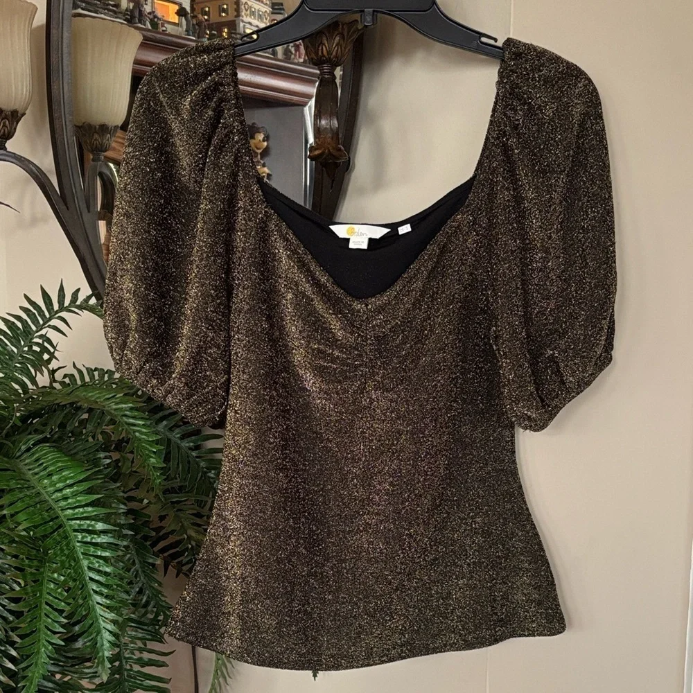 Boden Black Gold Metallic Sparkle Jersey Top Short Puff Sleeves Fitted Blouse
